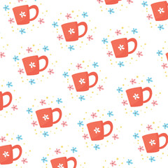 Seamless pattern of red cups with floral images on floral background