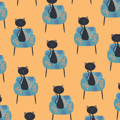 The black cat is sitting in the armchair. Cartoon vector pattern illustration