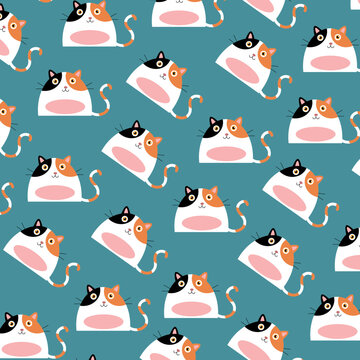 Cute Kawaii cat or kitten in cute pose, seamless vector pattern. Cute fat cat cartoon for print or sticker design.