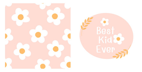 Seamless pattern with daisy flower, branches and hand written font on pink background vector.