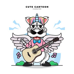 Cute cartoon character of unicorn is playing guitar