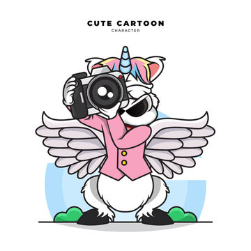 Cute cartoon character of unicorn is photographer