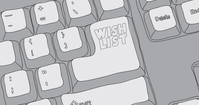 Computer Keyboard with Wish List text. Close-up of an electronic Computer Device part, keypad. Dancing thin lines.