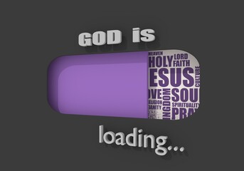 Progress bar or loading bar with christianity religion relative tags cloud. God word. 3D render