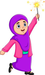 Illustration of happy Muslim woman playing firework