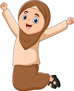 Cheerful Muslim girl jumping on white background