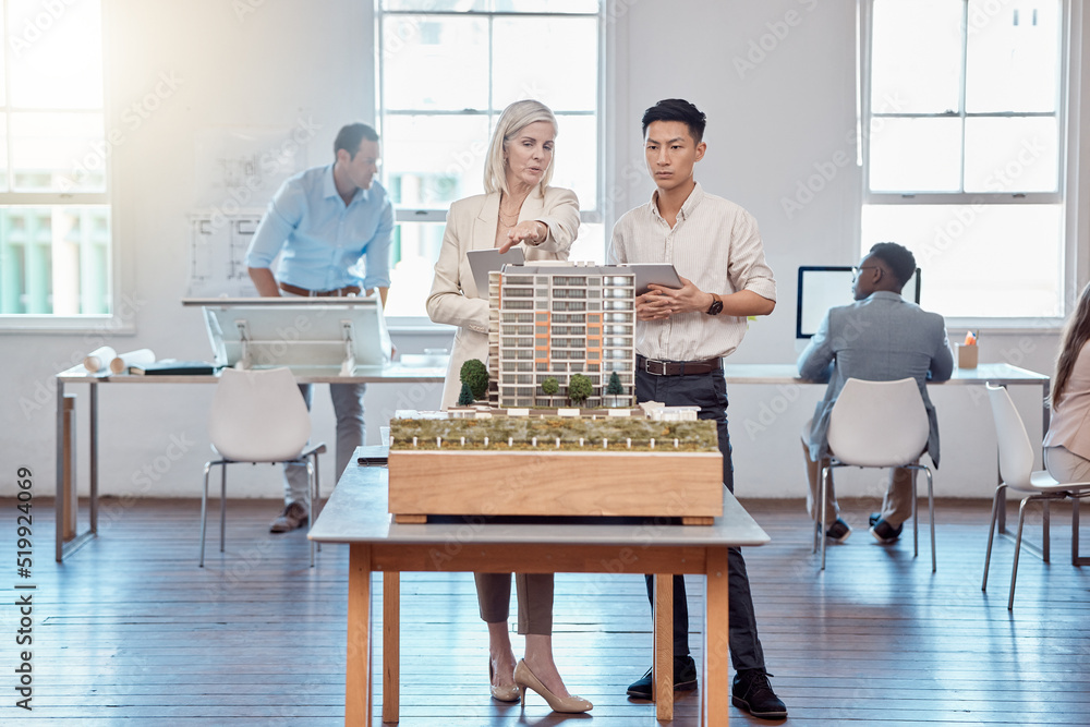 Poster confident business professionals in the field of architecture working together on building designs i