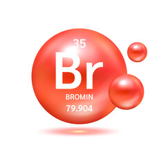 Bromine molecule models red and chemical formulas scientific element. Natural gas. Ecology and biochemistry concept. Isolated spheres on white background. 3D Vector Illustration.