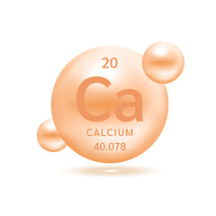Calcium molecule models cream and chemical formulas scientific element. Natural gas. Ecology and biochemistry concept. Isolated spheres on white background. 3D Vector Illustration.