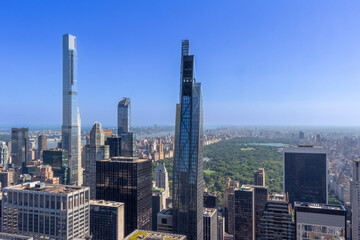 Sunny daytime cityscape skyline view of skyscrapers on Manhattan Island in New York City, New York, USA