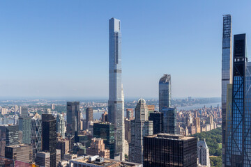 Sunny daytime cityscape skyline view of skyscrapers on Manhattan Island in New York City, New York, USA