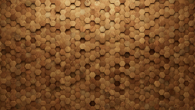 Hexagonal, 3D Wall background with tiles. Wood, tile Wallpaper with Natural, Timber blocks. 3D Render