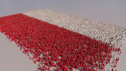 Aerial view of a Crowd of People, congregating to form the Flag of Poland. Polish Banner on White Background.