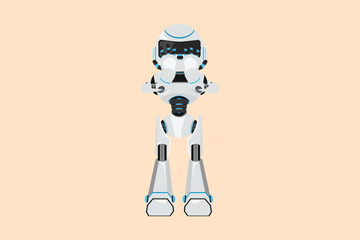 Business flat cartoon style drawing depressed robot standing and cover his face by hands and crying. Depression, sad, sorrow. Modern robotic artificial intelligence. Graphic design vector illustration
