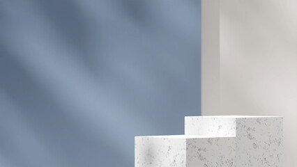 3d rendering mock up template of marble podium in landscape with blue and white background