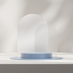 3d rendering mockup of blue podium in square with white and glass backdrop