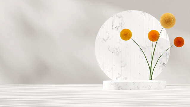 3d rendering mockup template of marble podium in landscape with circle, plant, and white wall