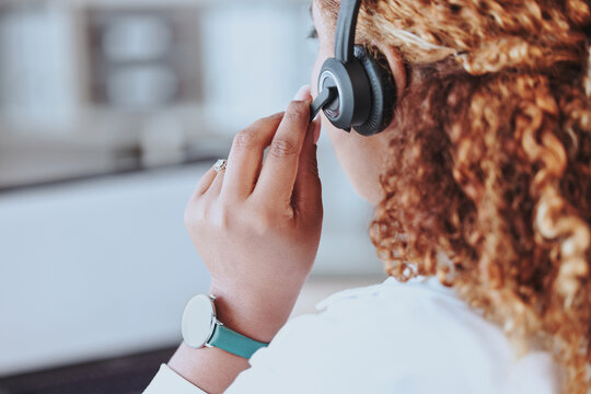 Talking, Advice, Discussion Being Had By A Call Center Agent Wearing A Headset In An Office At Work. Customer Service, Support And Conversation Given To A Client From A Female Working At A Startup