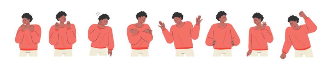 Curly-haired man in a red shirt. He expresses various emotions through gestures and facial expressions. flat design style vector illustration.