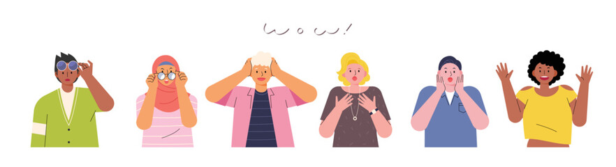 People of different races and styles looking straight ahead with surprised faces and gestures. flat design style vector illustration.