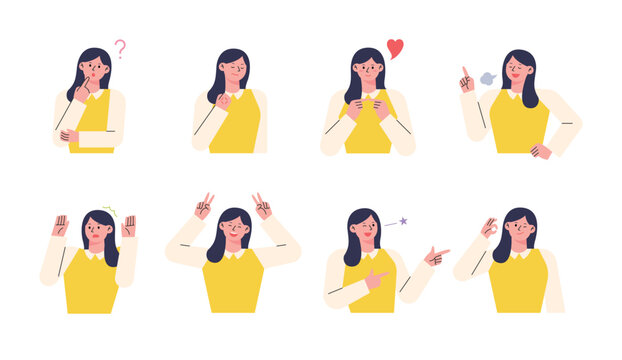 A cute woman in a yellow shirt is making various gestures and expressing emotions. flat design style vector illustration.