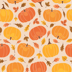 Seamless pattern of autumn pumpkins and leaves. Multicolored autumn harvest in yellow and orange colors. Ripe juicy pumpkins and falling leaves. Autumn background. Vector illustration.