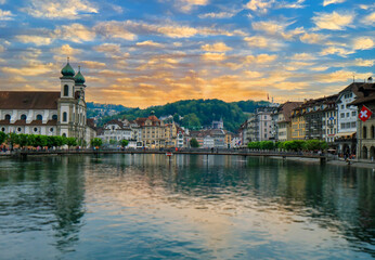 Fototapeta na wymiar Zurich, Switzerland- MAY 28, 2020 historic city center of Lucerne with famous Chapel Bridge and lake Lucerne (Vierwaldstattersee), Canton of Lucerne, Switzerland.