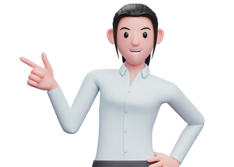 3d Business woman pointing to the side with gun finger and one hand on waist, 3D render business woman character illustration