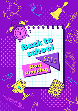 Back to school. Bright vector vintage banner in neon colors of 90s cartoon style. Learning symbols. Writing utensils pens, pencils and rulers. For advertising banner, website, poster, sale flyer
