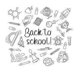 Back to school. Set of elements in doodle style. Writing supplies - pens, pencils, rulers. Backpack, cup and globe. For stickers, posters, postcards, design elements