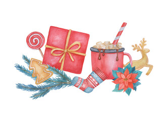 Naklejka premium Christmas elements composition for card. Watercolor Hot chocolate with Christmas Candy Cane with marshmallow and sock isolated on white background.