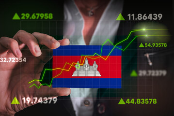 Graph growing up in Front Of Cambodia Flag. business state growing up concept.
