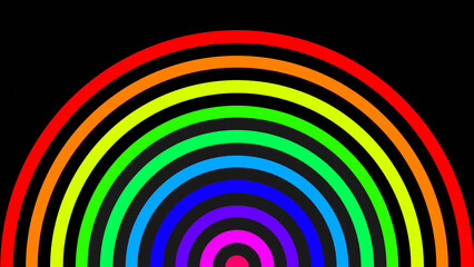 3D renderings. Pattern of colored circles forming a shooting target. Circle with rainbow color pattern. Curved lines of different colors on a black background. Background for design.