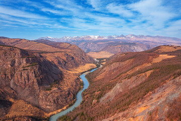 Beautiful landscape autumn forest with snow peaks mountains Chuysky tract, Altai Kurai steppe Russia. Aerial top view