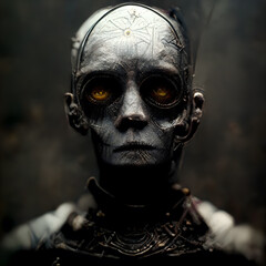 Alien Portrait 3D illustration with dramatic lighting in a front position reflecting the cultural heritage of another world