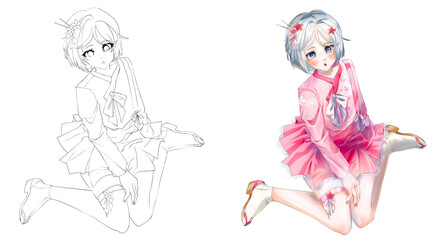 Cute fashionable girl. Coloring book. Digital illustration.