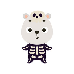 Cute little Halloween polar bear in a skeleton costume. Cartoon animal character for kids t-shirts, nursery decoration, baby shower, greeting card, invitation. Vector stock illustration