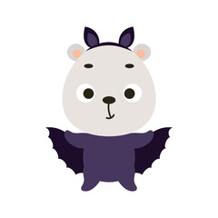 Cute little Halloween polar bear in a bat costume. Cartoon animal character for kids t-shirts, nursery decoration, baby shower, greeting card, invitation, house interior. Vector stock illustration