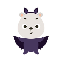 Cute little Halloween polar bear in a bat costume. Cartoon animal character for kids t-shirts, nursery decoration, baby shower, greeting card, invitation, house interior. Vector stock illustration