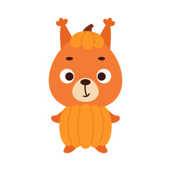 Cute little Halloween squirrel in a pumpkin costume. Cartoon animal character for kids t-shirts, nursery decoration, baby shower, greeting card, invitation, house interior. Vector stock illustration