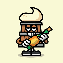 A CUTE BEER CARTOON MASCOT IS HOLDING A BOTTLE OF BEER. PREMIUM VECTOR LOGO
