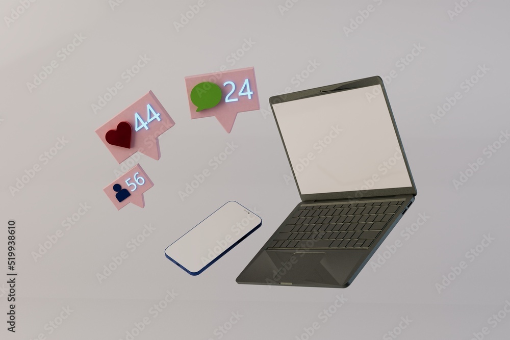 Poster the concept of communication and work. information exchange between gadgets.laptop and smartphone on