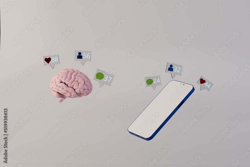 Poster the concept of communication and work thinking is fixated on social networks.brain and mobile on a w