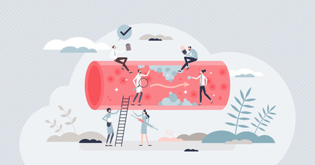 High cholesterol checkup to detect disease or blood risks tiny person concept. Heart attack awareness from too high pressure and unhealthy artery vector illustration. Cardiologist patient health care
