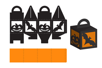 Happy Halloween treat box. Gift party favor box for sweets, candies, small presents, bakery. Simple packaging die cut template for laser cut, great design for any purposes, birthdays, baby showers