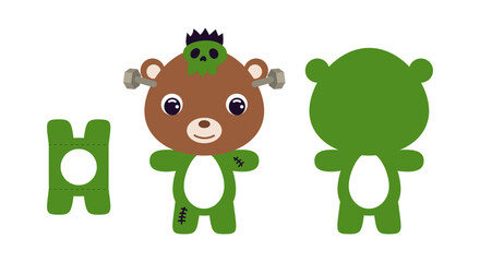 Cute die cut Halloween bear chocolate egg holder template. Cartoon animal character in a Frankenstein costume. Retail paper box for the easter egg. Printable color scheme. Vector stock illustration