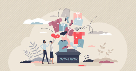 Clothes donation and used second hand clothing sharing tiny person concept. Generous support and social help with community togetherness and contribution for poor homeless people vector illustration. - obrazy, fototapety, plakaty