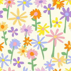 Floral seamless vector pattern. Nostalgic retro 60s-70s groovy print. Vintage floral background. Textile and surface design with old fashioned hand drawn naive colorful flowers