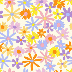 Floral seamless vector pattern. Nostalgic retro 60s-70s groovy print. Vintage floral background. Textile and surface design with old fashioned hand drawn naive colorful flowers