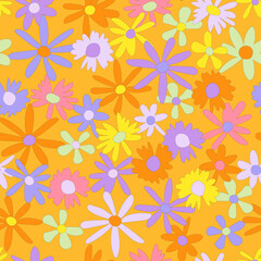 Floral seamless vector pattern. Nostalgic retro 60s-70s groovy print. Vintage floral background. Textile and surface design with old fashioned hand drawn naive colorful flowers